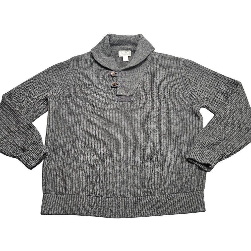 Duluth Trading Co Shawl Collar Sweater Mens Large Gray Wool Blend Ribbed Knit